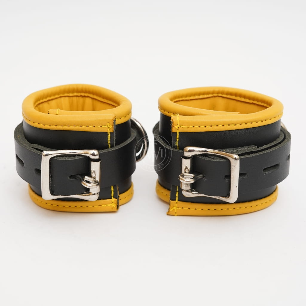 unisex leather handcuffs, padded bondage cuffs, adjustable leather restraints, BDSM handcuffs, D-ring leather cuffs