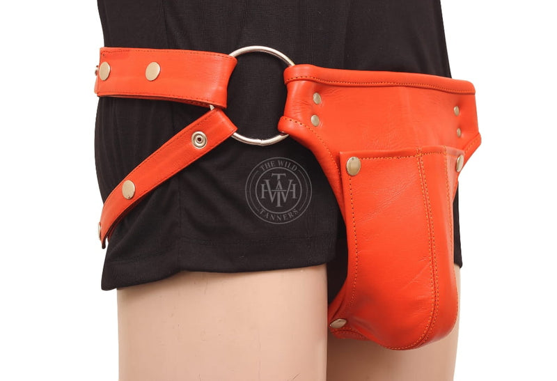orange leather jockstrap, removable cod piece jockstrap, adjustable leather underwear, bold leather jockstrap