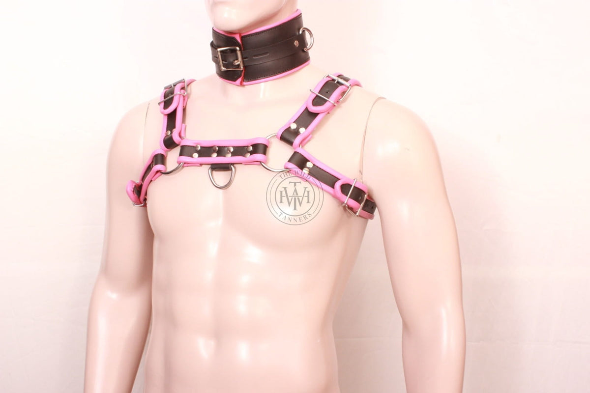 leather bdsm harness with padded collar and cuffs set