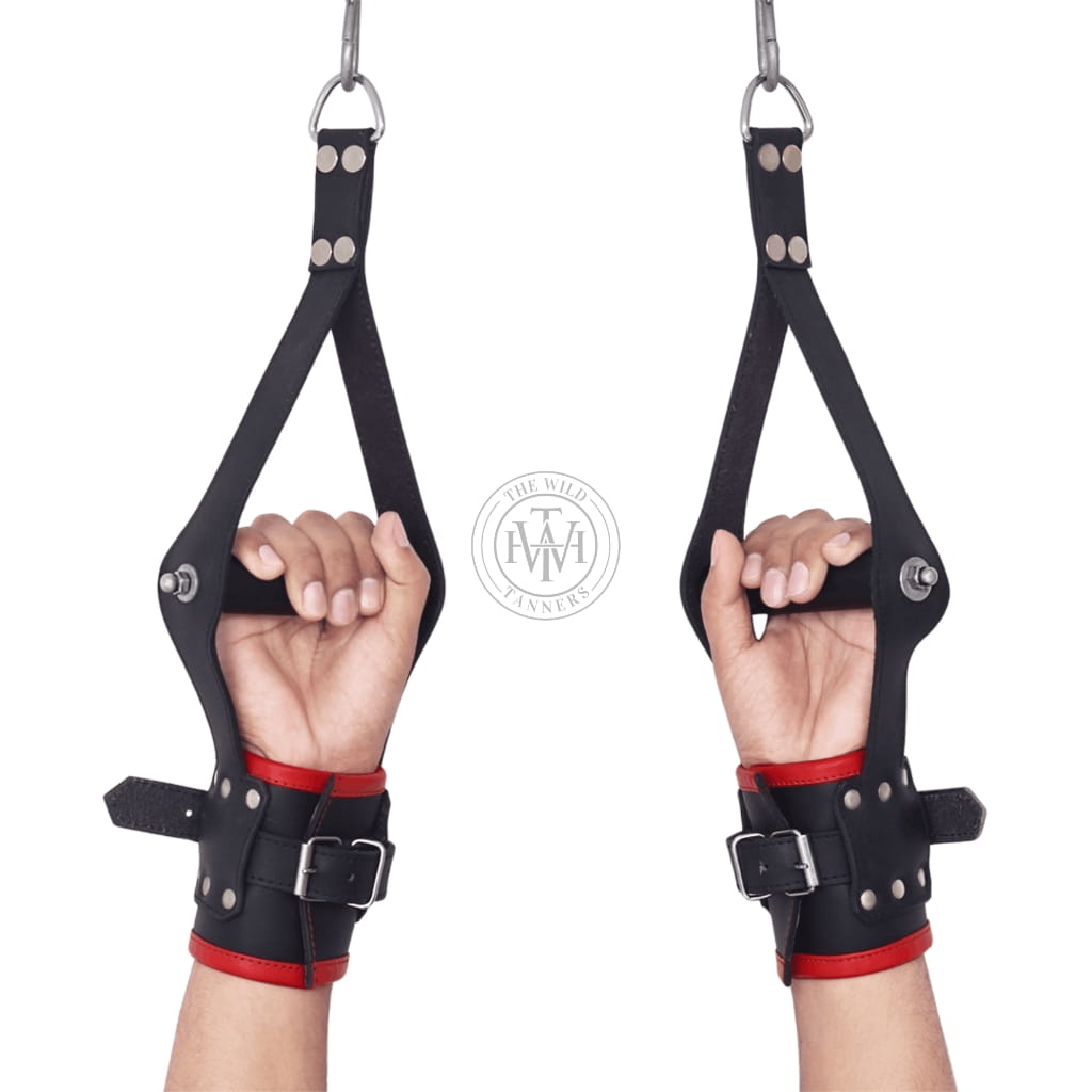 leather suspension cuffs, BDSM suspension restraints, padded leather cuffs, adjustable bondage cuffs, heavy duty D-ring cuffs