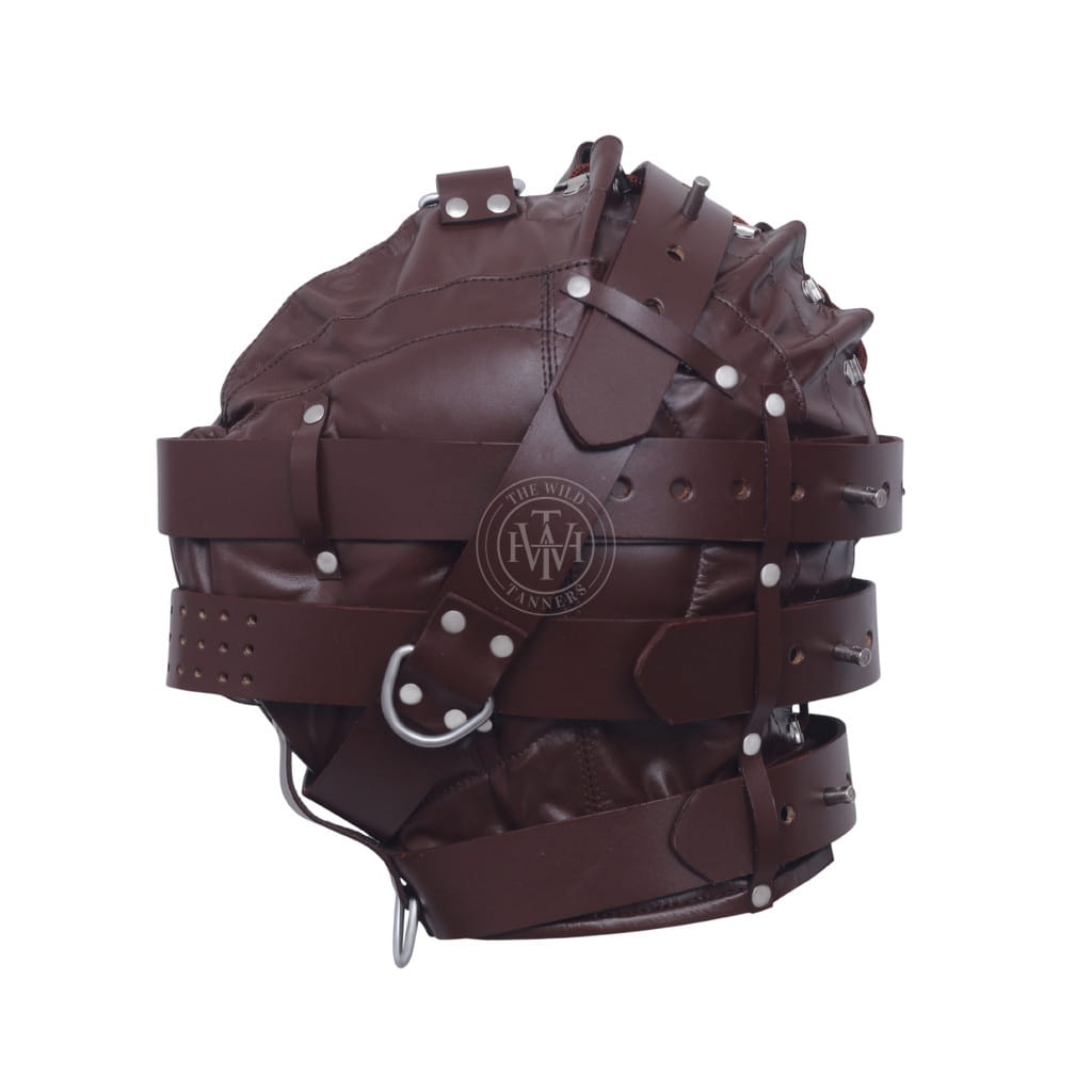 Brown Leather Hood with Adjustable Mask, view 3