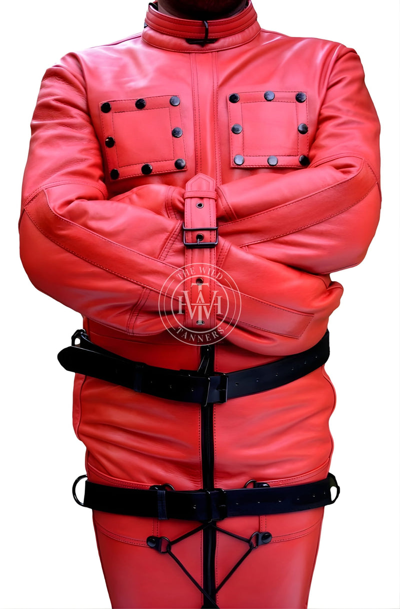 leather bondage sleepsack, heavy duty belt sleepsack, full body restraint sack, padded leather bondage bag, adjustable bondage sack