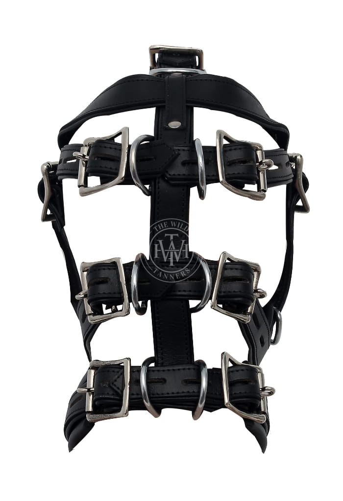 leather harness muzzle, full head restraint gag, BDSM hood gag, leather muzzle harness, bondage headgear restraint