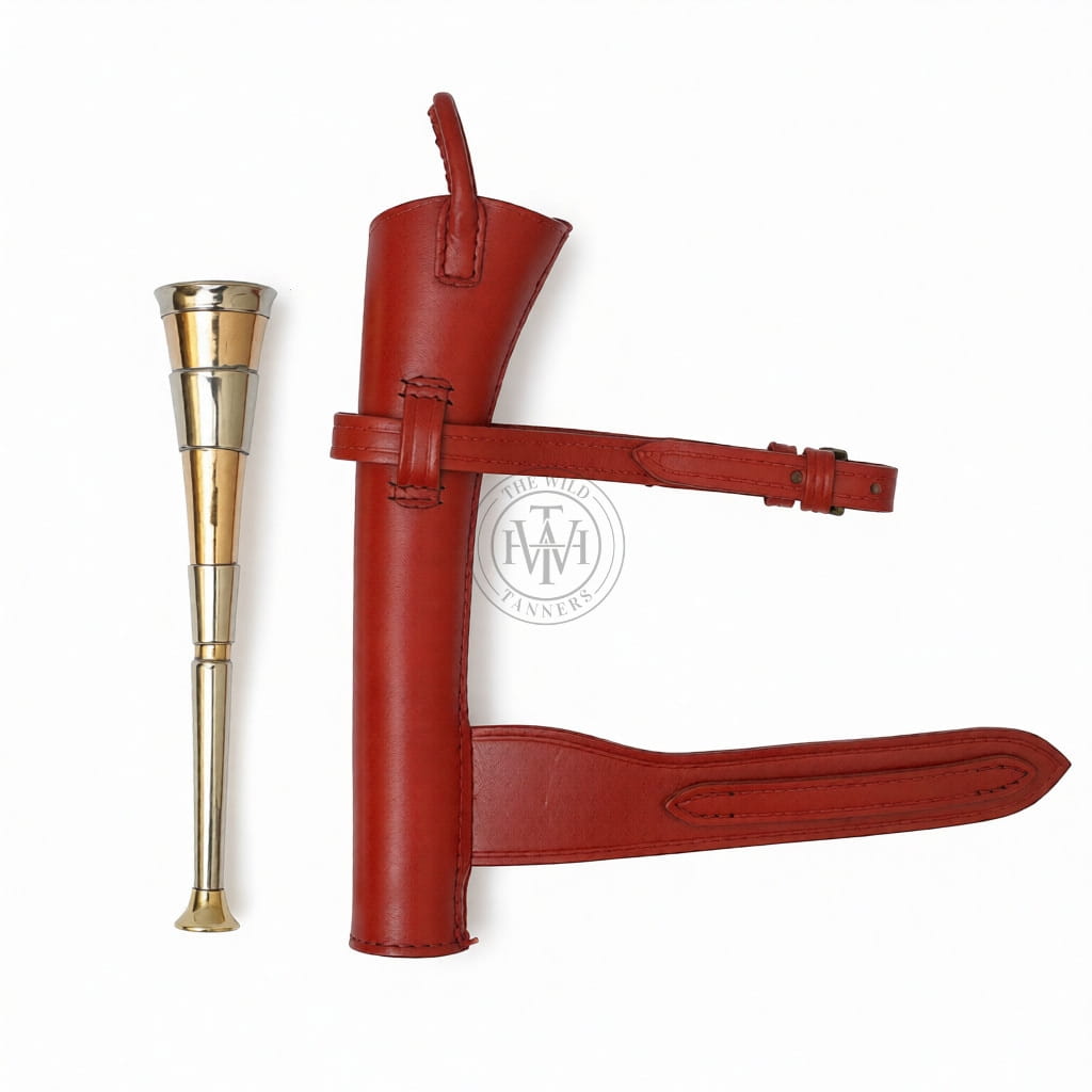 Fox Hunting Horn with Brass Mouth Piece and Red Leather Case, view 3
