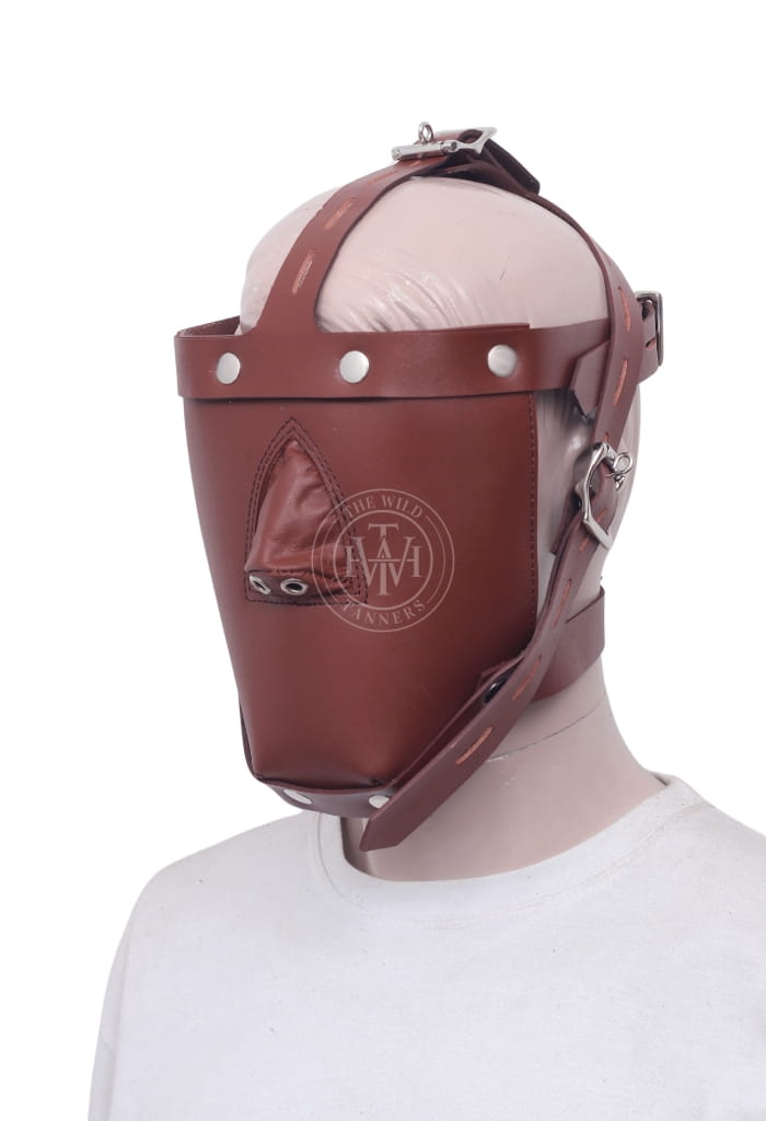 brown leather muzzle, bondage muzzle mask, BDSM leather gag, adjustable leather muzzle, fetish restraint gear