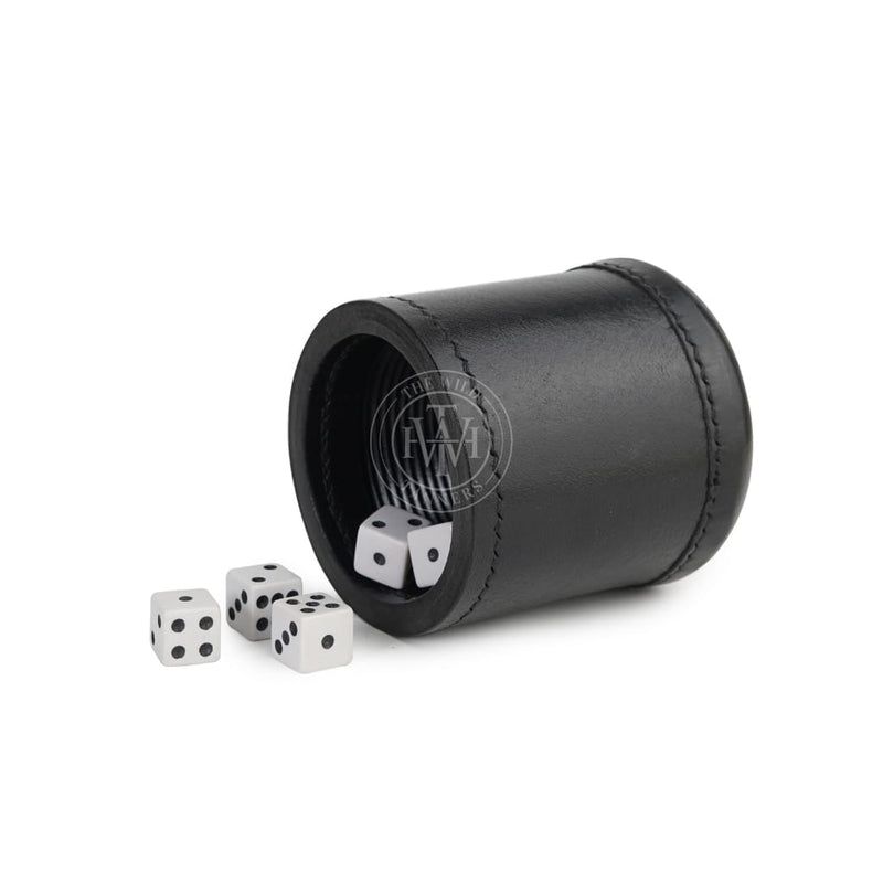 black leather dice cup, handmade leather dice tumbler, top grain leather gaming cup, ribbed interior dice shaker, stitched leather dice roller, premium tabletop game accessory