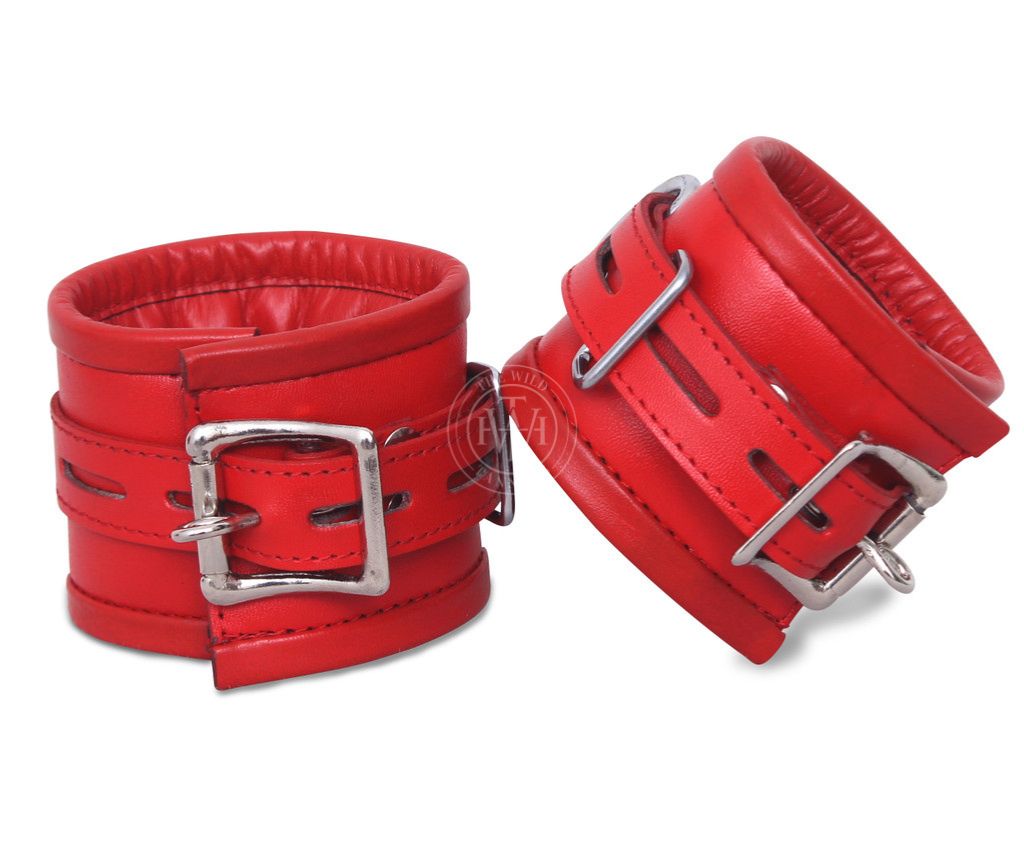 5 Pcs Genuine Red Leather Handcuffs Set, view 3