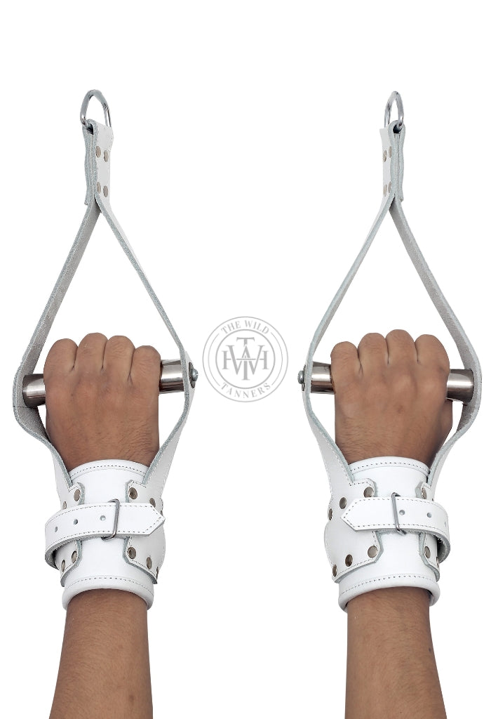 leather wrist suspension cuffs, padded wrist cuffs, BDSM suspension restraints, adjustable leather cuffs, heavy-duty D-ring cuffs