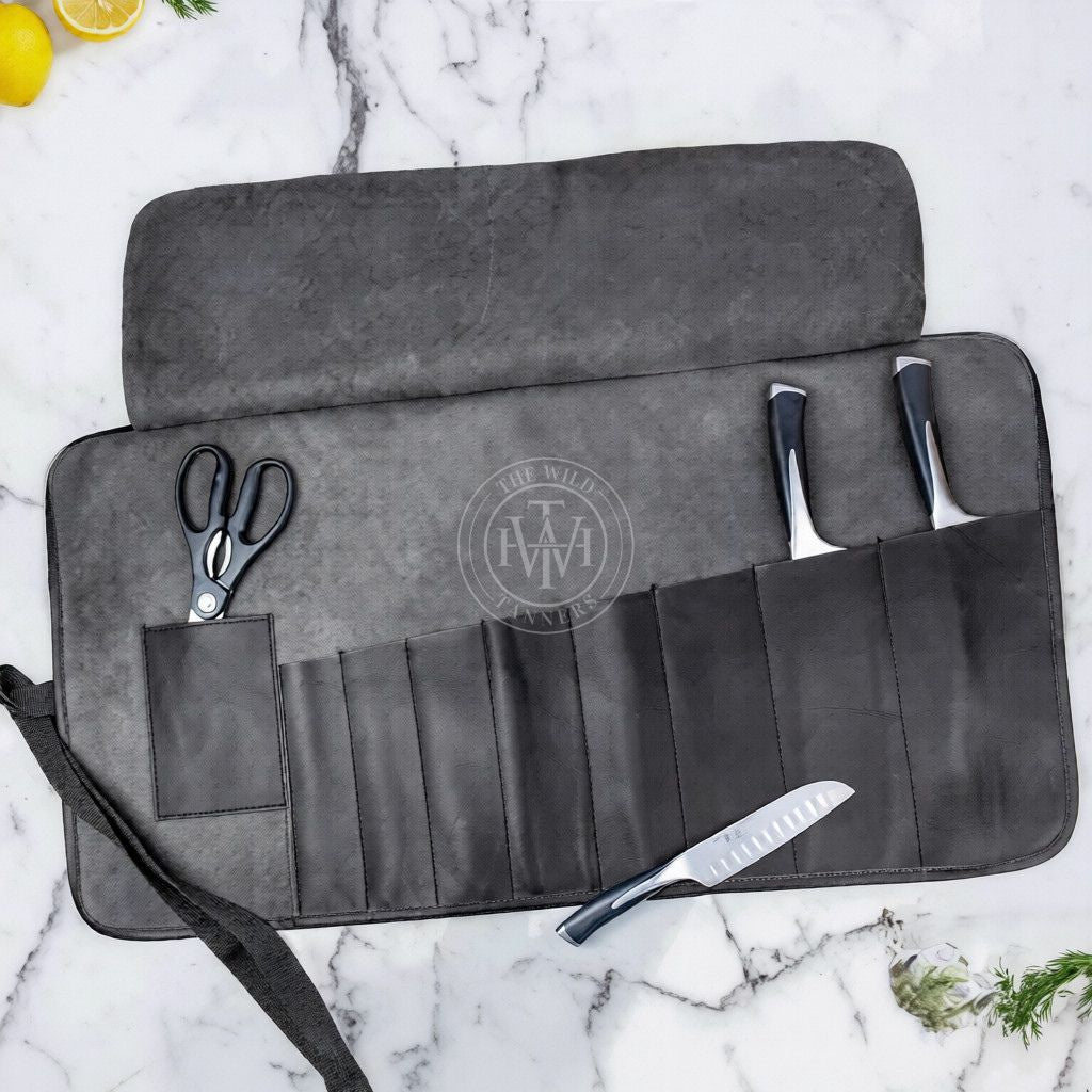 Classic Black Knife Roll Bag Leather