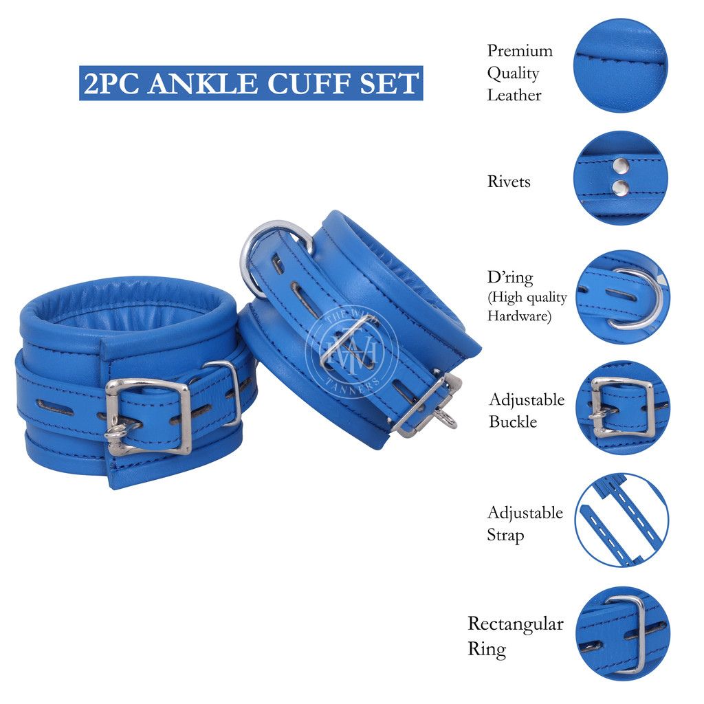 7 pcs blue leather bondage handcuffs set unisex, blue leather bondage cuffs, bondage cuffs set, unisex handcuffs set