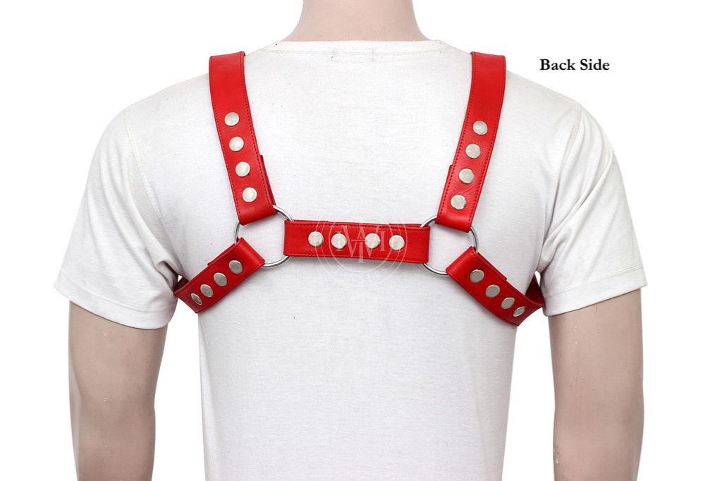red leather harness, jockstrap harness, adjustable bondage harness, men’s leather chest harness