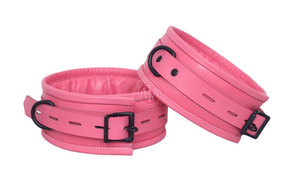 7 Pcs Pink Set Handmade Leather Bondage Handcuffs, view 4
