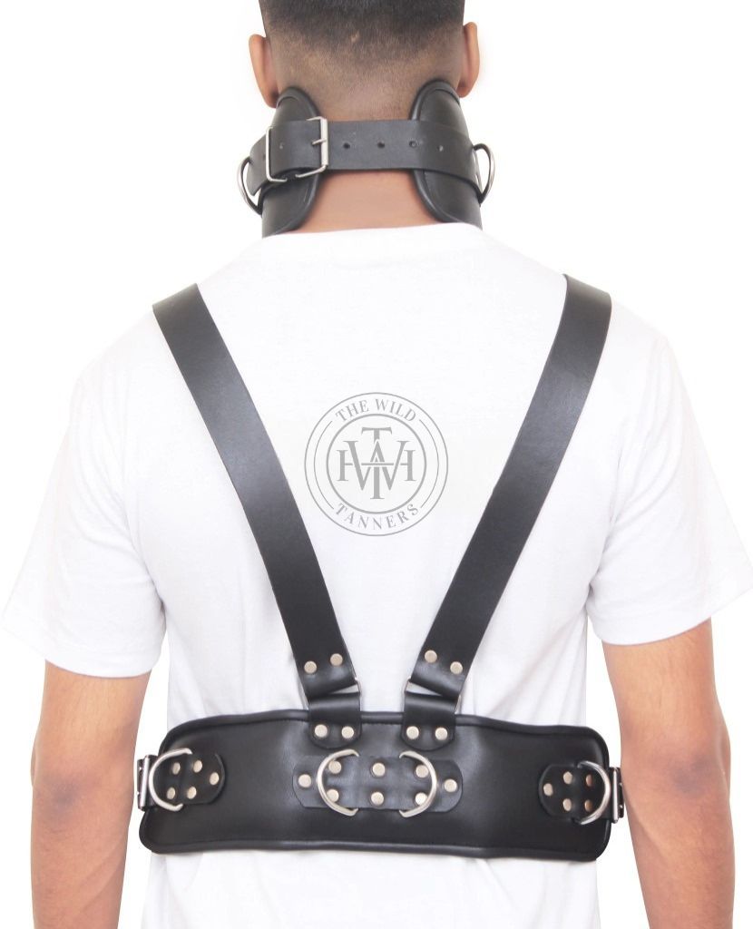 roman leather bondage harness with collar & belt