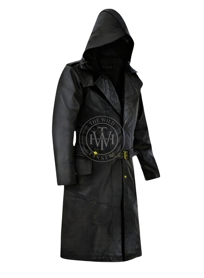 leather coat, leather long coat, leahter trench coat, leather leather overcoat, hooded leather coat