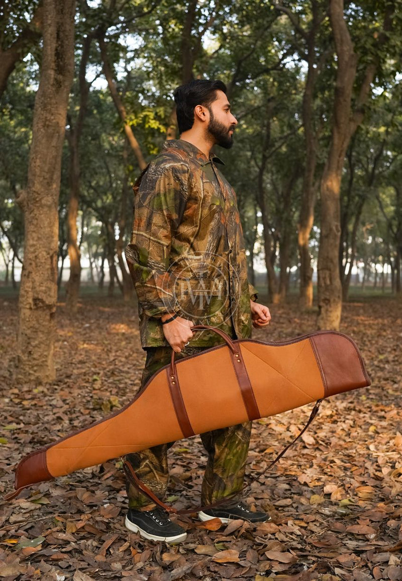 canvas rifle case, canvas leather rifle case, tan and brown leather canvas rifle case