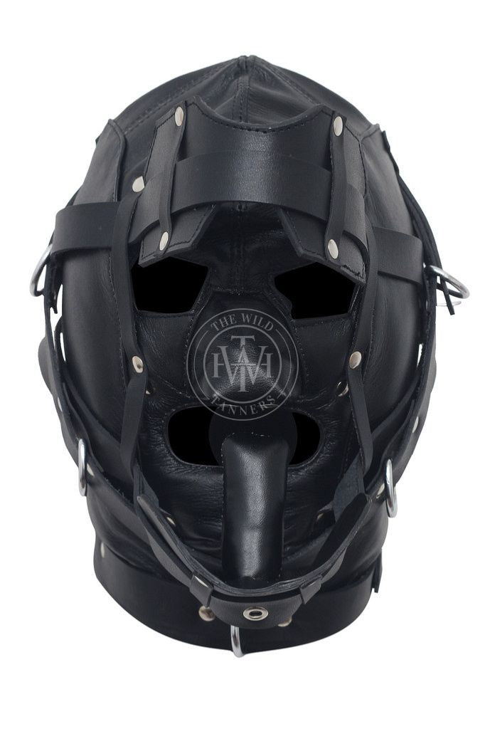 Black Full Face Leather Bondage Hood, view 3