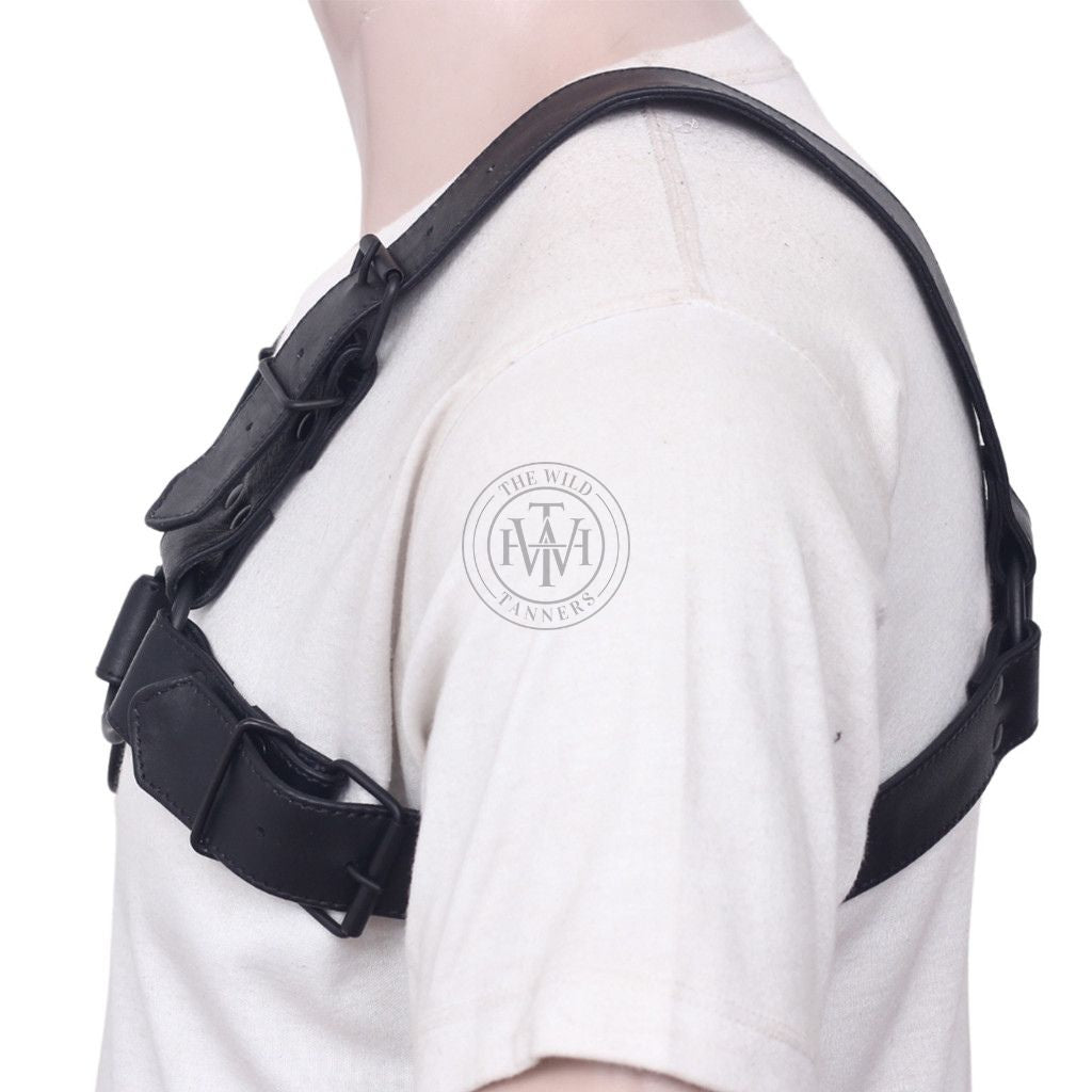 Black genuine leather H-harness with adjustable straps, view 3
