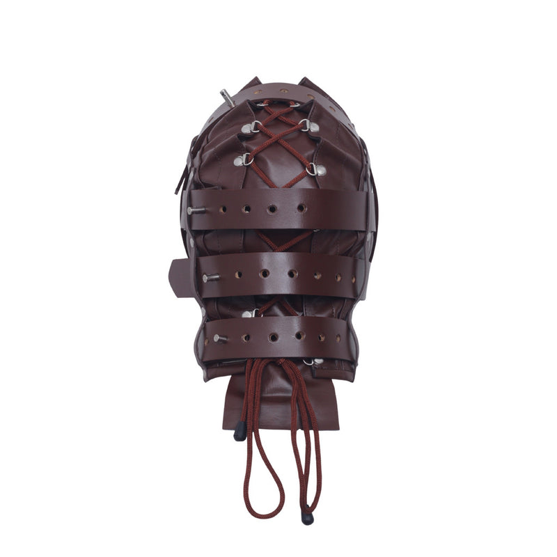 brown leather hood, adjustable leather mask, BDSM hood mask, bondage head hood, leather restraint hood