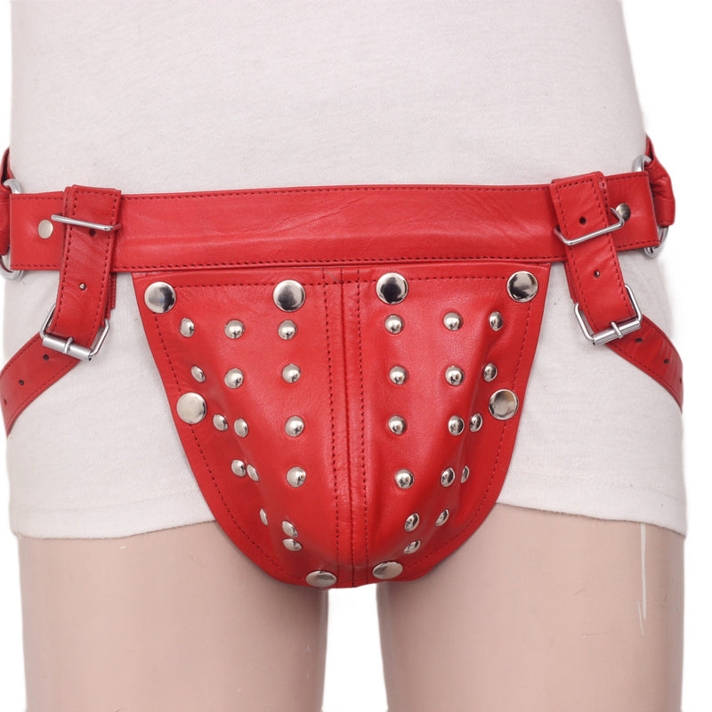red leather jockstrap, adjustable leather underwear, BDSM jockstrap