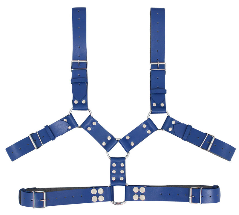 blue leather harness, bondage chest harness, adjustable men’s harness, bdsm leather chest, leather bondage chest harness