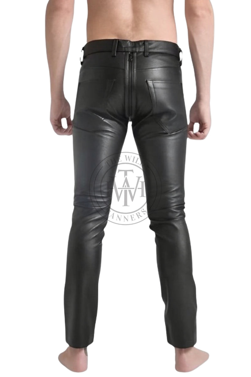 leather pants, leather bondage pants, leather BDSM pants, leather pants with back zipper, black leather pants