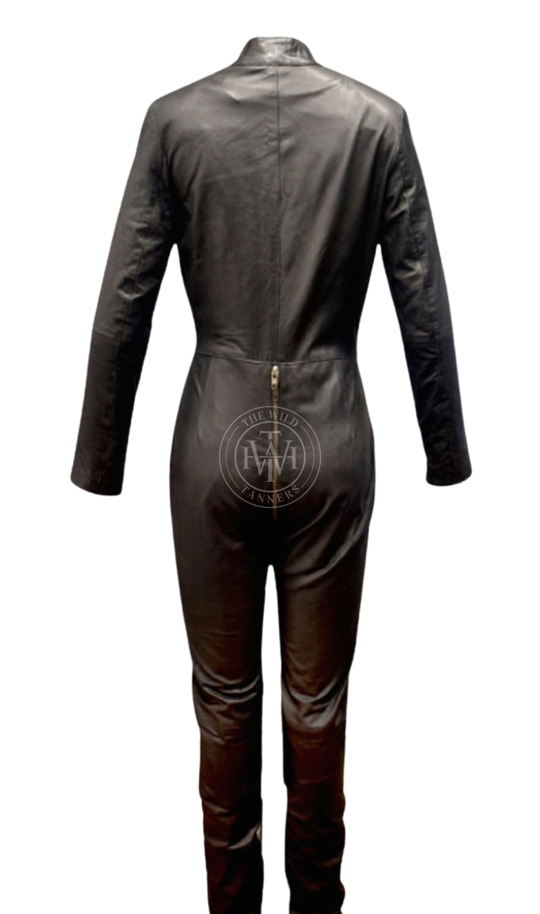 Genuine Leather Black Long Sleeve Catsuit, view 3