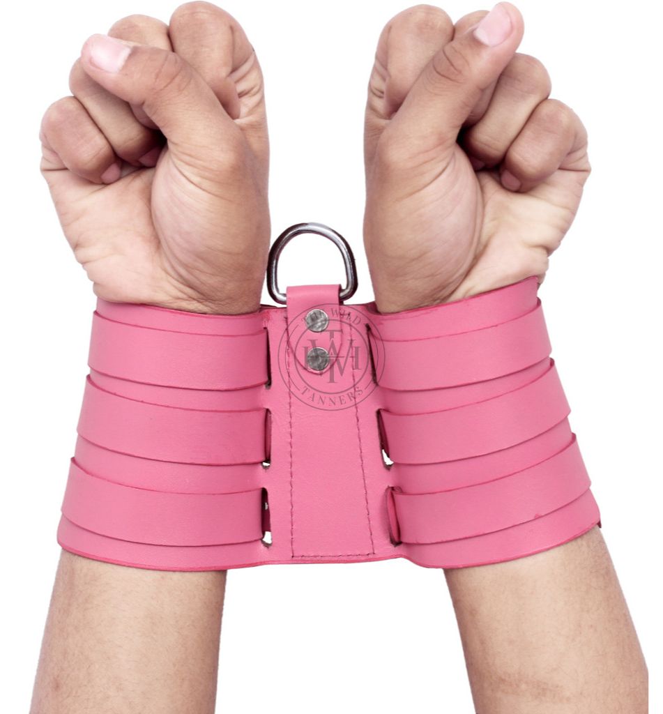 Pink Kinky Leather Handcuffs, view 3