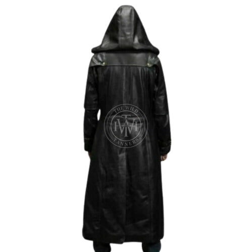 leather coat, leather long coat, leahter trench coat, leather leather overcoat, leather hooded long coat