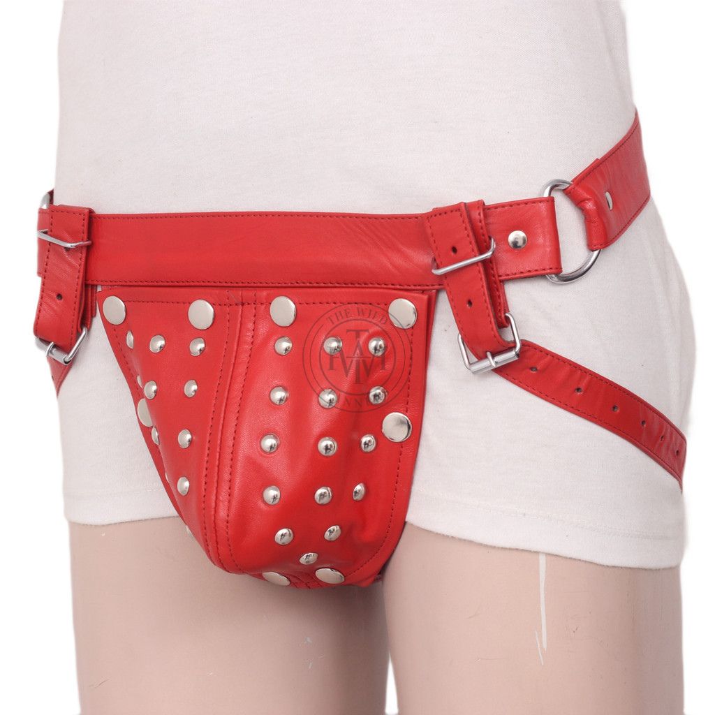 red handcrafted genuine leather jockstrap, angled view of red leather jockstrap with studded pouch, buckles and d-ring hip straps