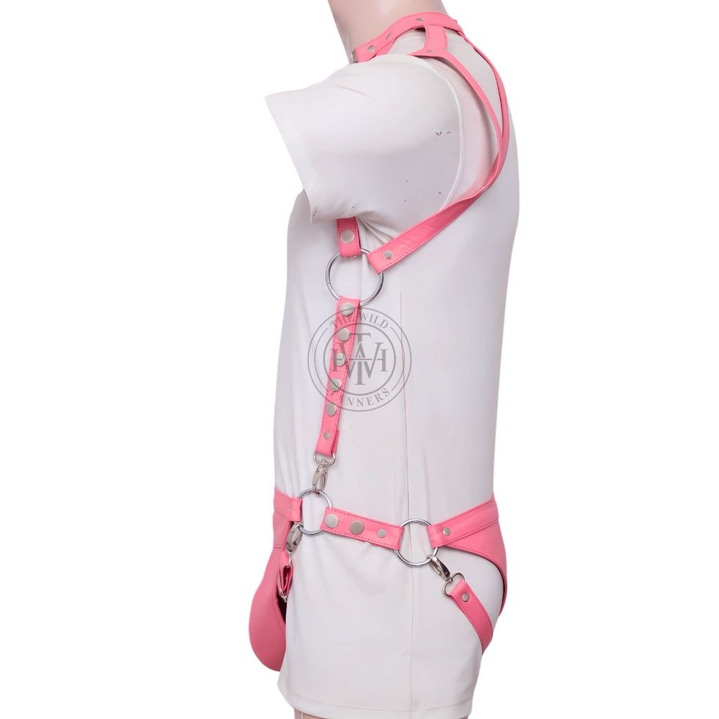 pink leather harness, BDSM chest harness, adjustable men’s harness, leather O-ring harness