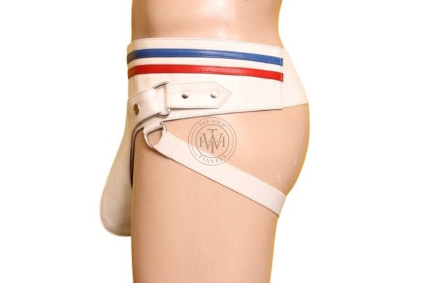 versatile men's leather jockstrap with multiple d-ring, side view of white leather jockstrap showing d-rings, strap tab and elastic leg strap