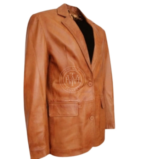 Tan two-button leather blazer coat, view 3