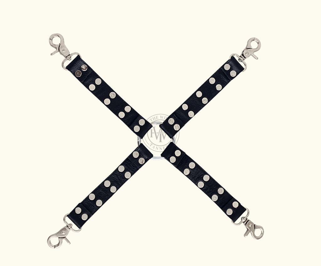 leather hogtie, black leather hogtie, BDSM hogtie