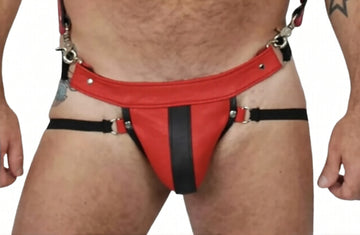 premium gay leather jockstrap, red gay leather jockstrap with black stripe pouch, elastic thigh bands and swivel hooks, front view