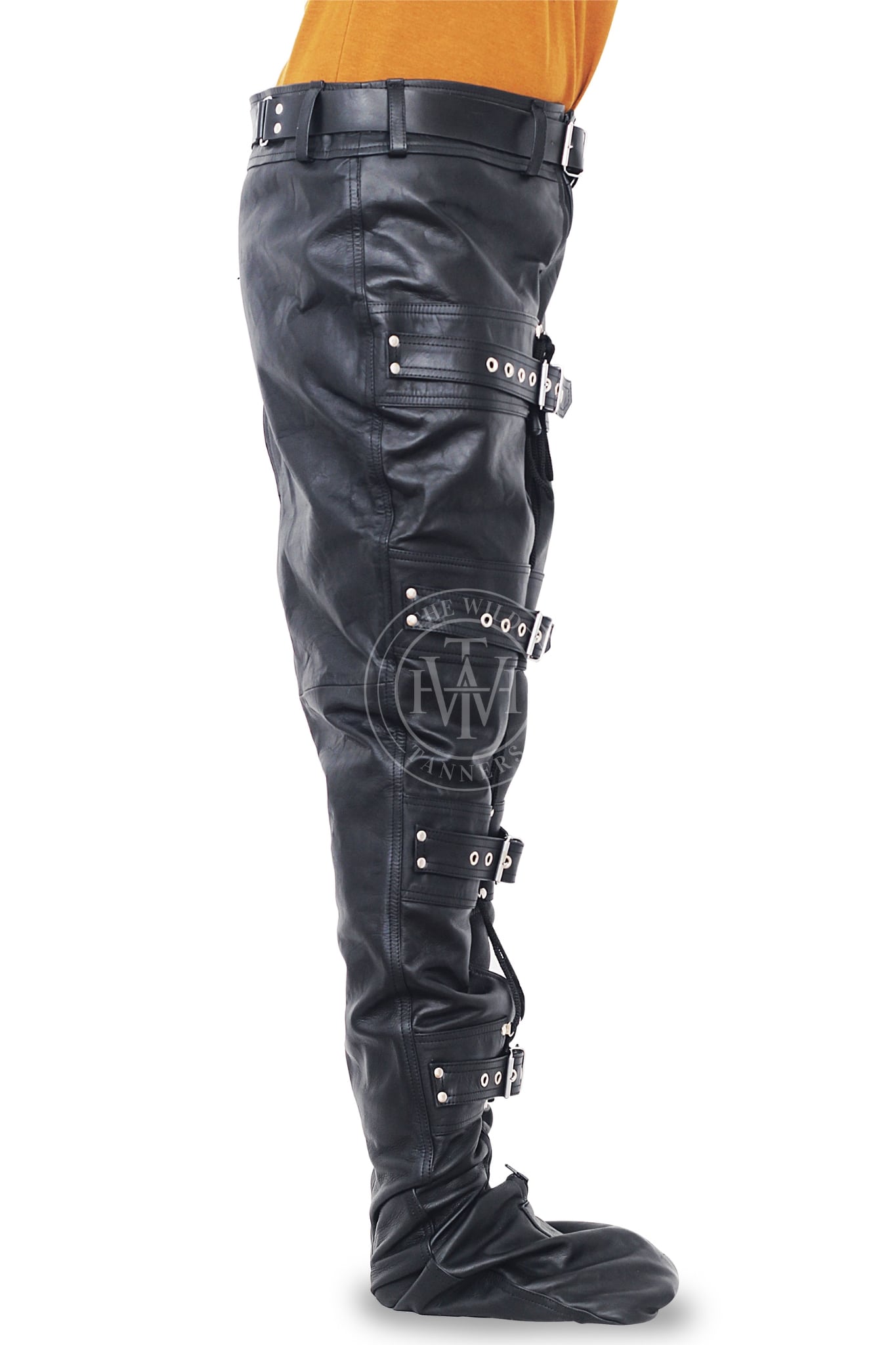 leather leg binders, leather restraints, black leather restraints belts