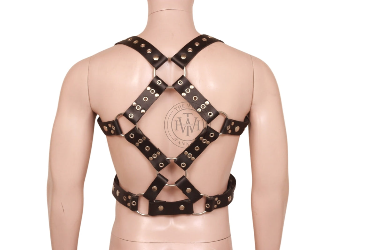 gay mens leather harness with studded eyelets