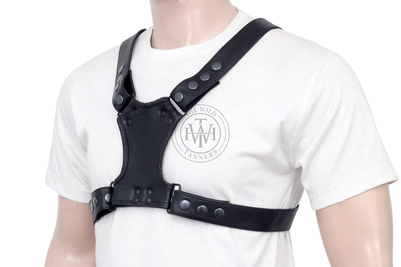 men’s leather bulldog harness, leather bulldog chest harness, gay leather bulldog harness, bdsm leather bulldog harness, black leather bulldog harness