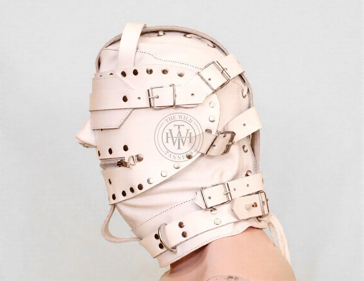 White Leather Adult Roleplay Bondage Hood, view 3