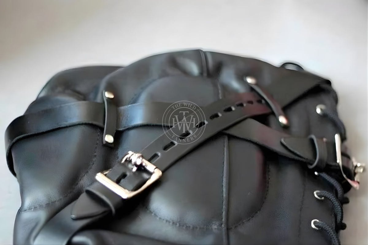Adjustable leather bondage hood with lace-up back, view 4