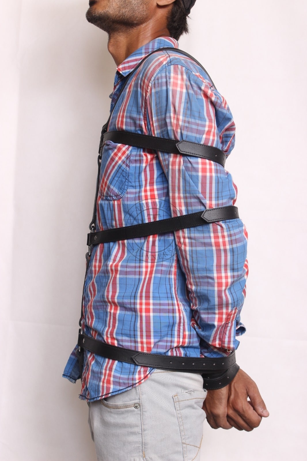 Unisex leather body harness with triple O-rings, view 3