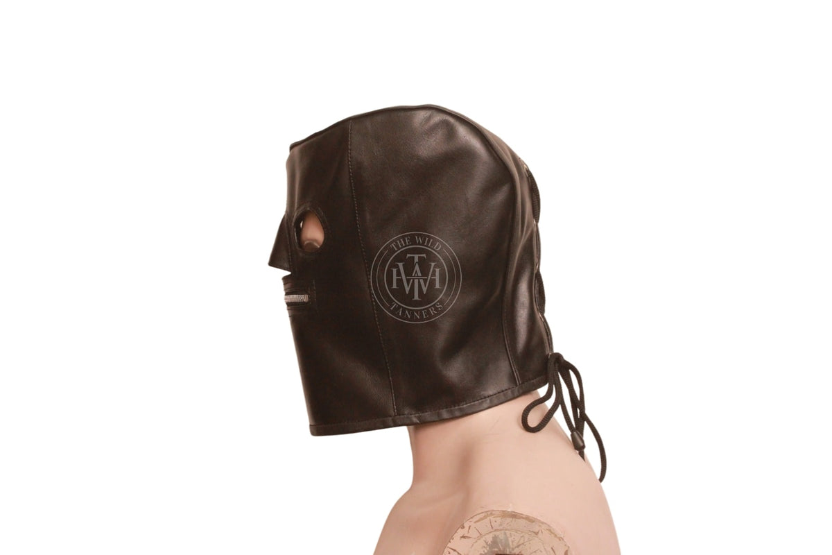 Premium Leather Bondage Hood with Mouth Zipper, view 3
