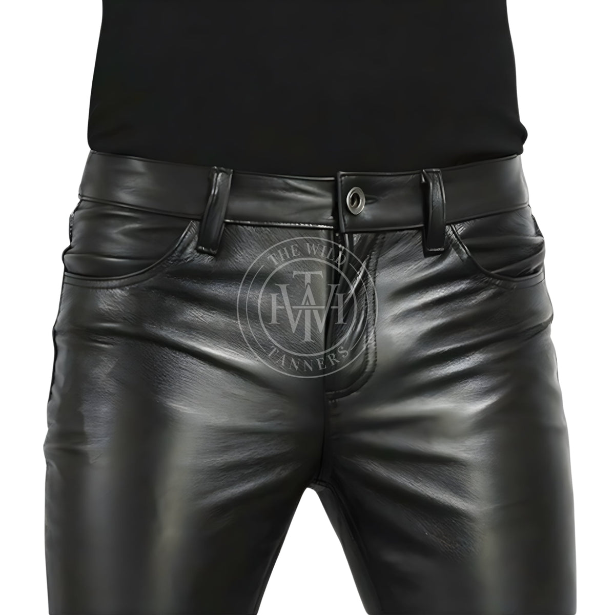 Men's slim-fit genuine leather pants, view 3
