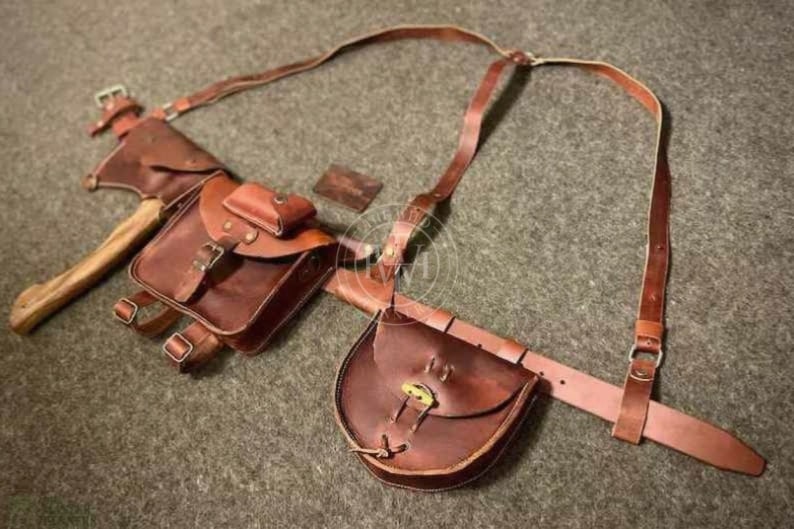 brown bushcraft leather belt kit, handmade brown leather tool belt, leather bushcraft belt with pouches, genuine cowhide leather outdoor belt kit, rustic brown leather survival belt