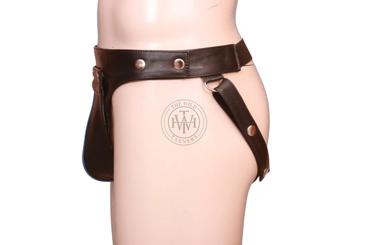 premium leather jockstrap for men, side view of leather jockstrap showing snap waistband, hip d-ring and snap thigh strap