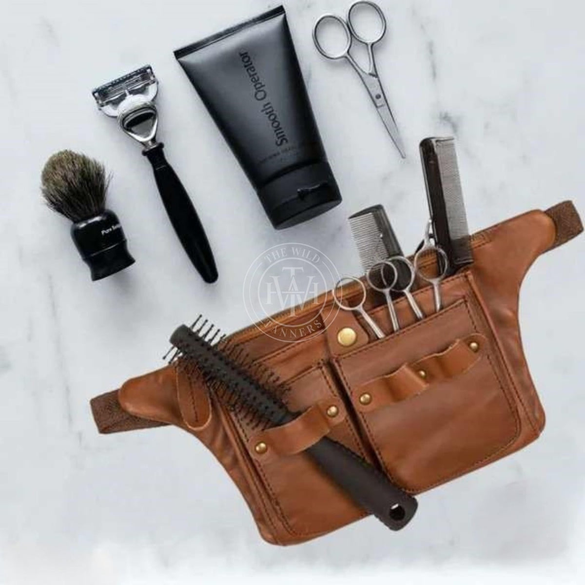 Brown leather hairdresser tool belt, view 4