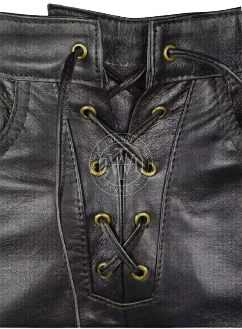 Men's Side Lace Up Black Leather Pants, view 4