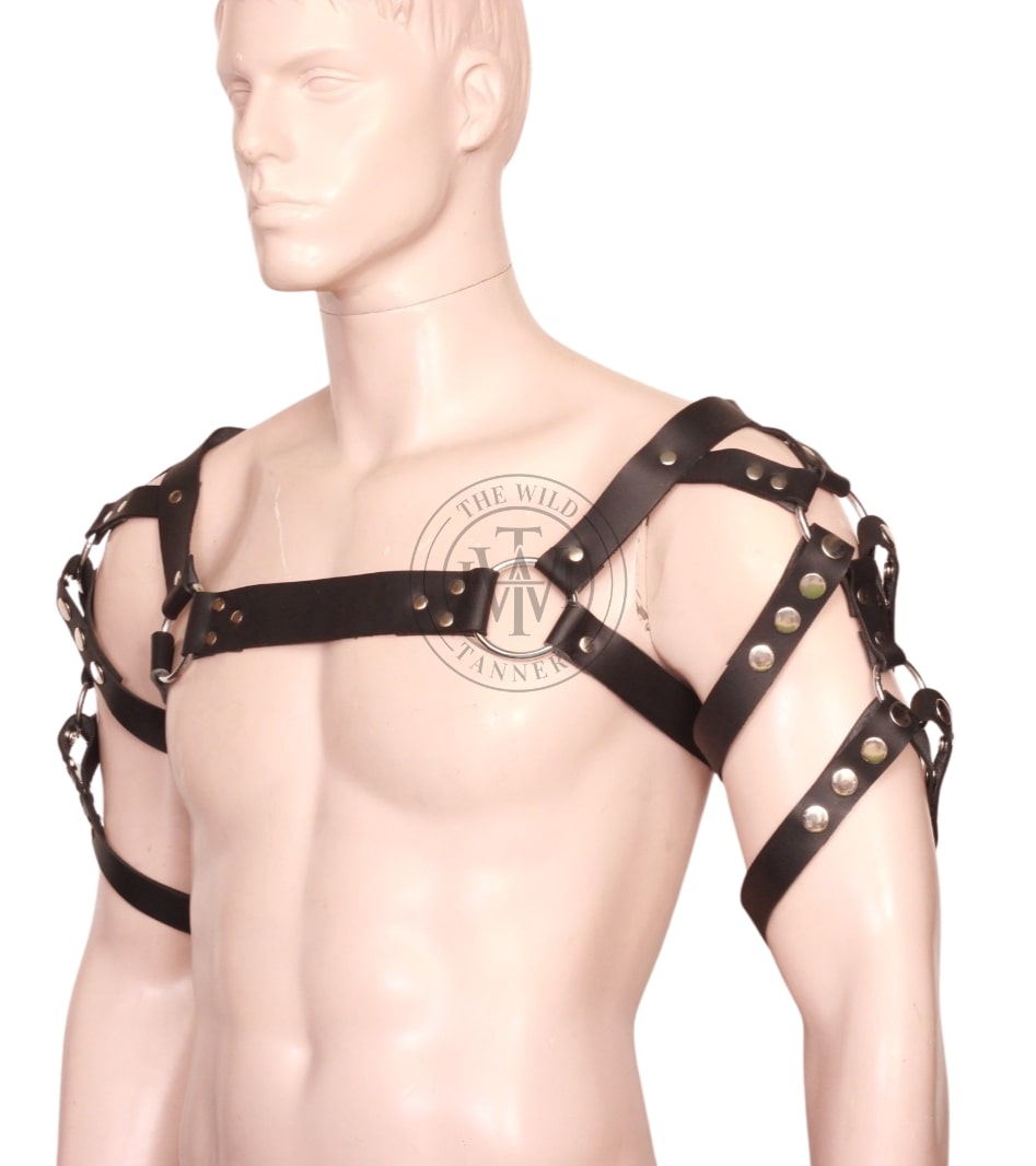 Front view image of model wearing Men's Leather Shoulder Harness 