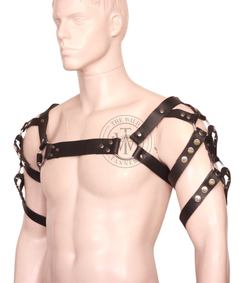 Front view image of model wearing Men's Leather Shoulder Harness 