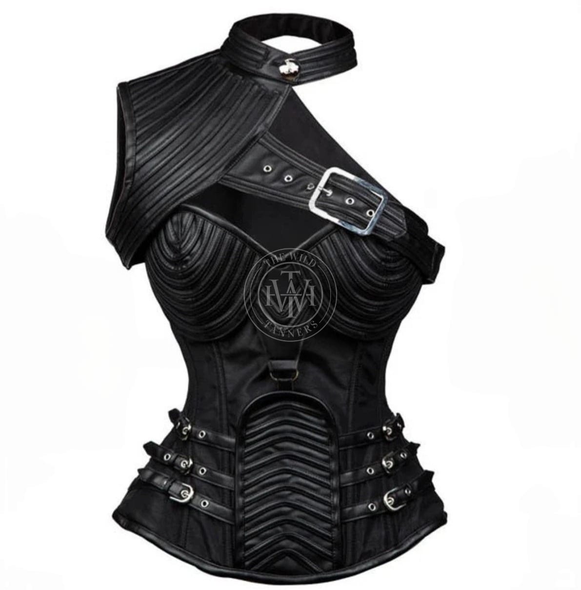 Women's black overbust leather corset, view 4