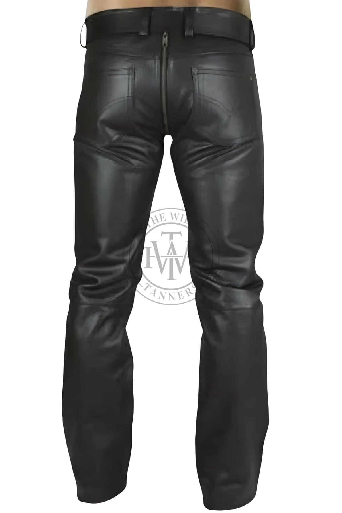Men's leather pants with two-way zipper, view 3